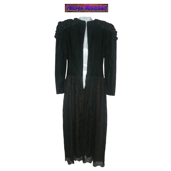 Jessica McClintock Vintage 80s Black Wedding Dress Oxblood Lace Silk Velvet Goth - Picture 6 of 13